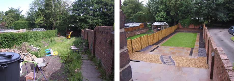 Before and after of a Hertford garden, from rough ground to lawn, paving and gravel.