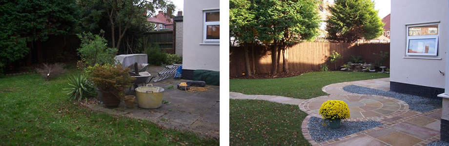 Before and after of a Potters Bar garden given a new patio, paths and a more open boundary.