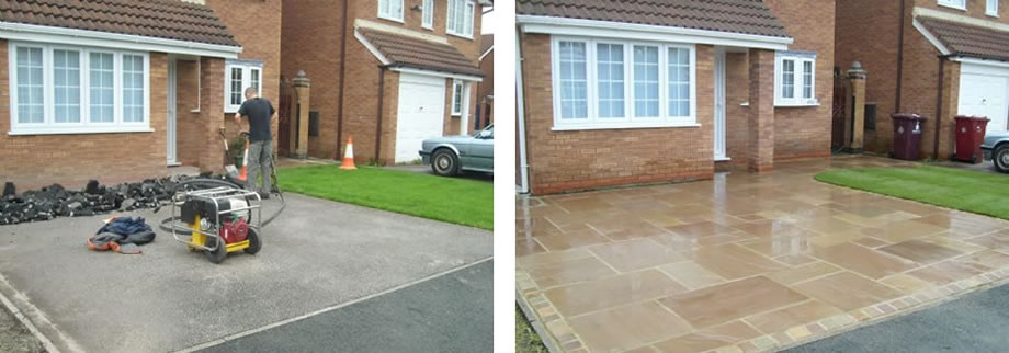 Before and after of a Borehamwood driveway, from tarmac to sandstone paving with a block edge.